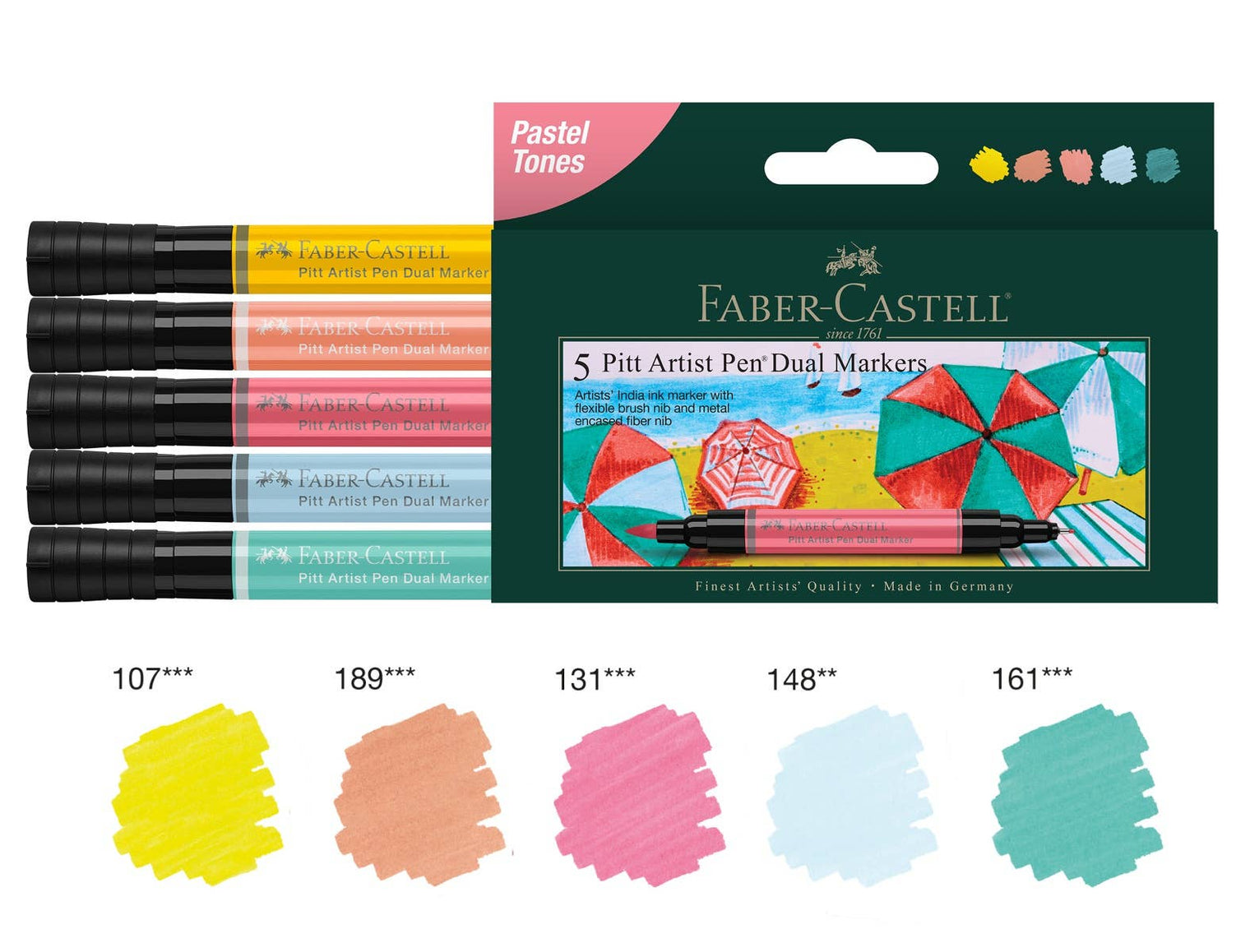 Pitt Artist Pen Dual Tip Markers, Pastels – Set of 5 Professional Ink Pens, Faber-Castell