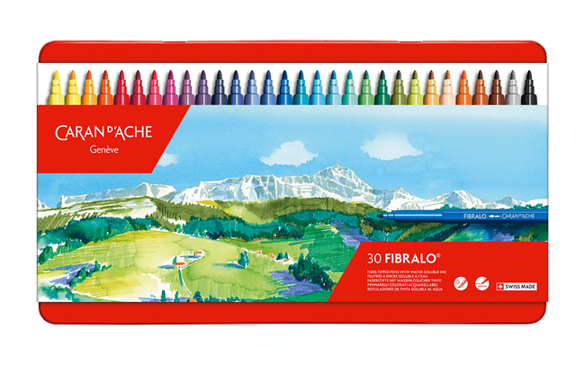Caran d’Ache Set of 30 FIBRALO™ Fibre Pen Markers – Water-Soluble Felt Tip Pens in Metal Box