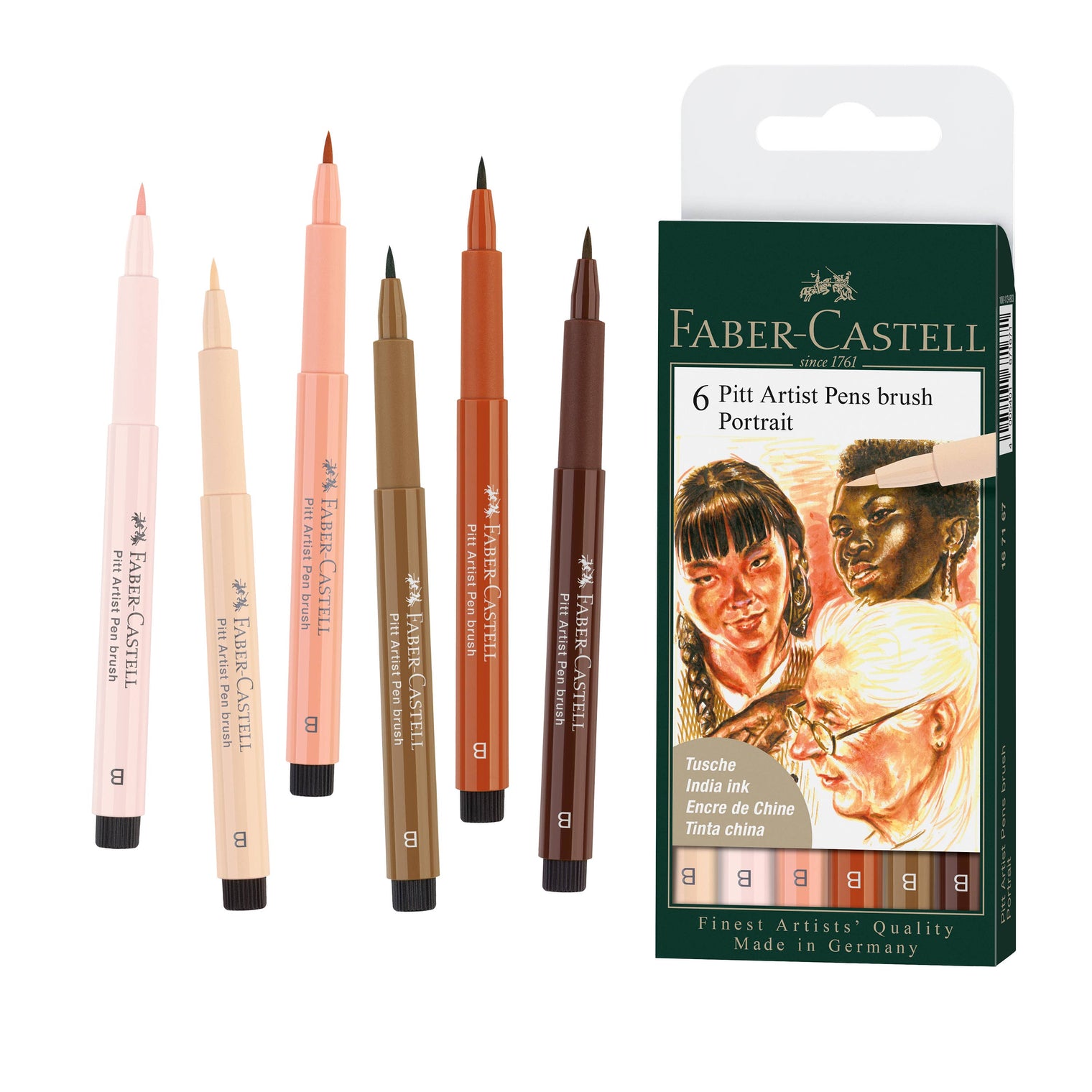 Pitt Artist Brush Pens – Portrait Set of 6 (Pigmented India Ink, by Faber-Castell
