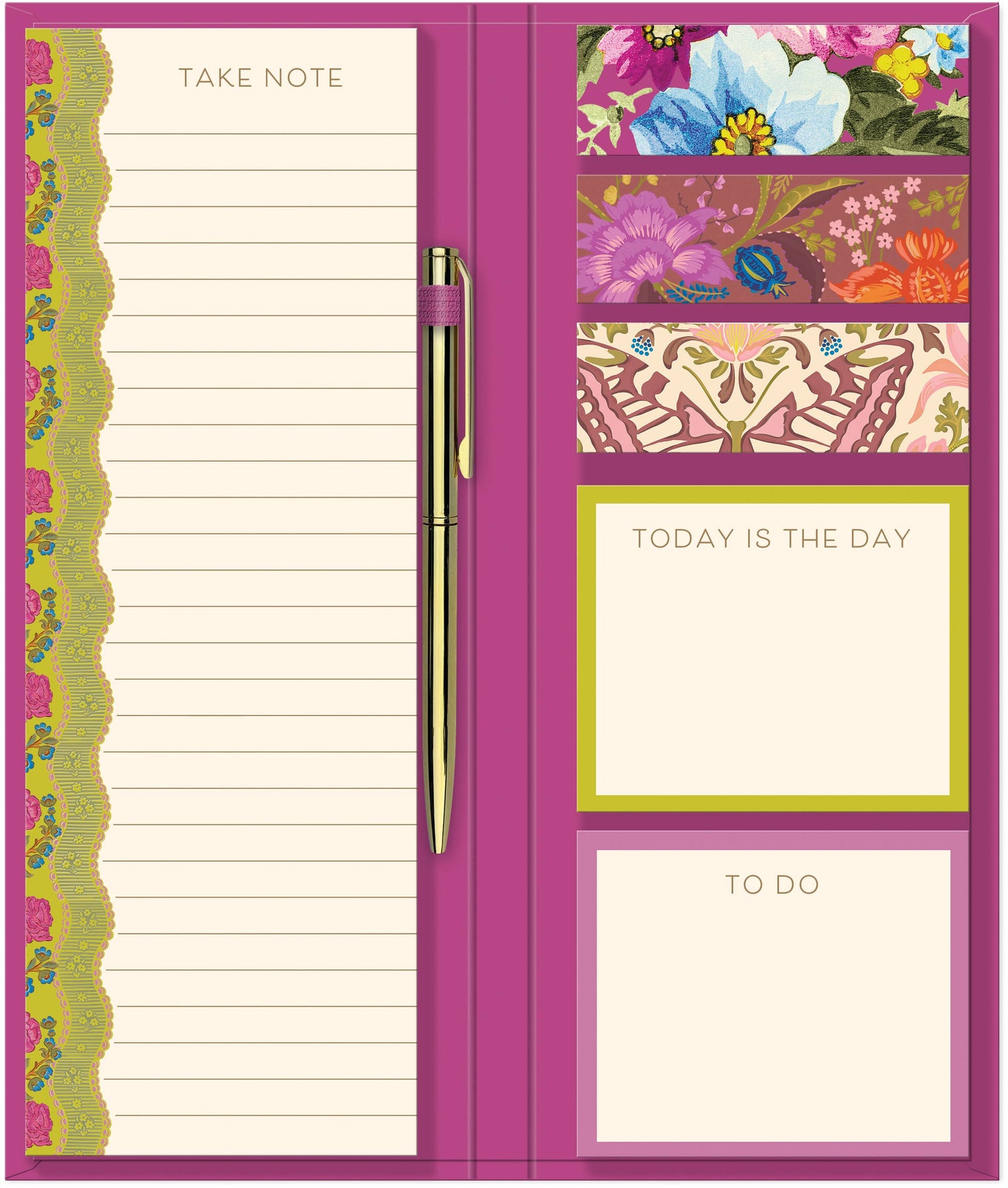 Notefolio with Pen Timeless Treasures Pink Floral by Punch Studio, Hardcover Folio with Notepad, Sticky Notes & Ballpoint Pen