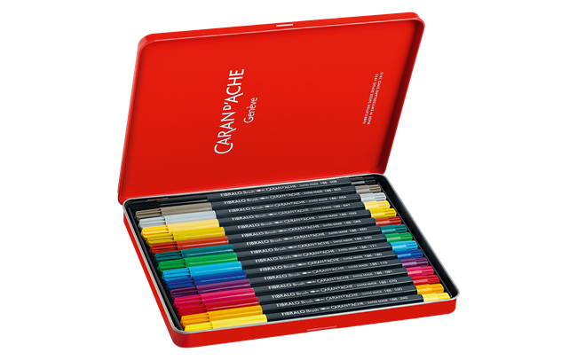 Caran d’Ache Set of 15 FIBRALO Brush Fibre Pens – Water-Soluble Brush Tip Markers in Metal Box