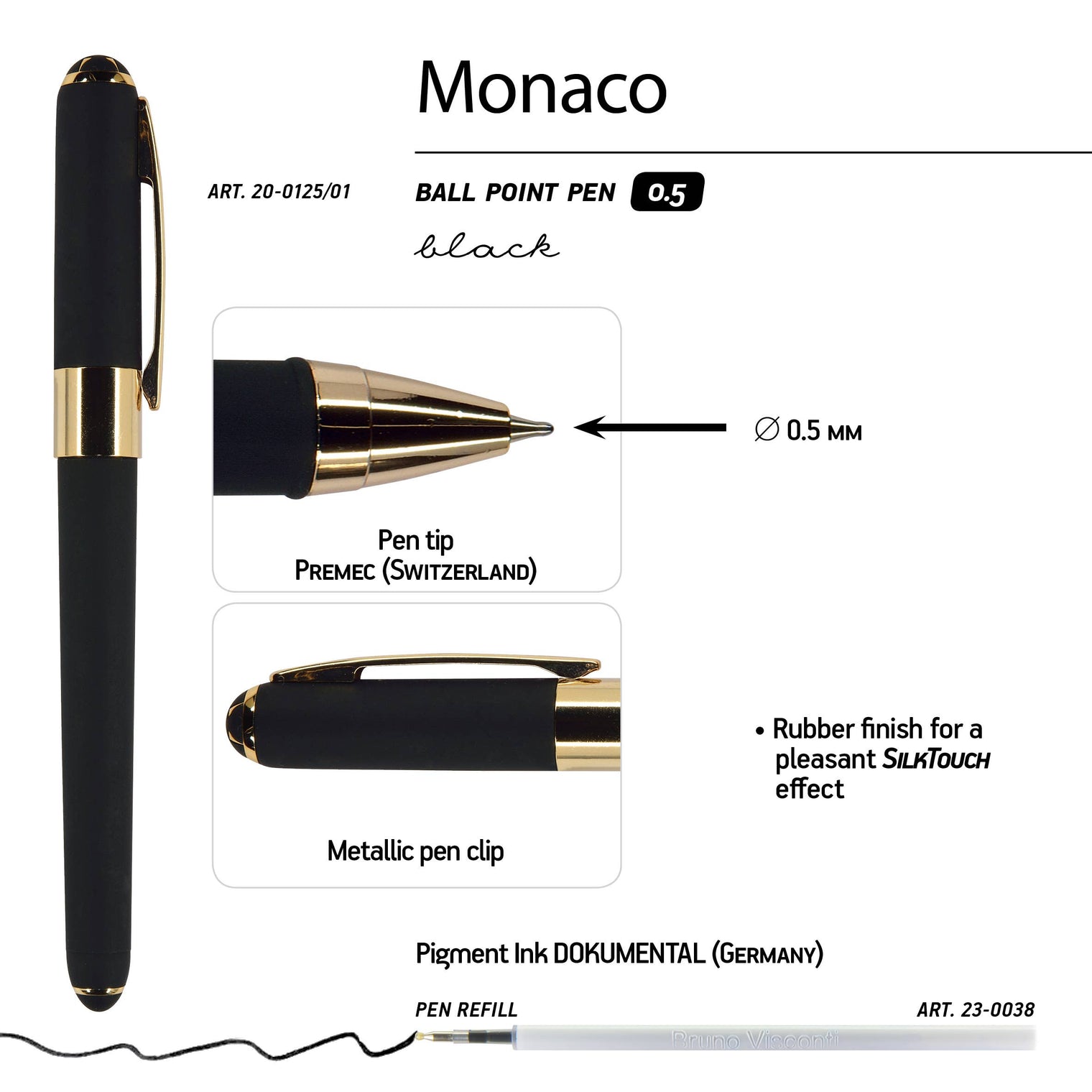 Monaco Black Ballpoint Pen (Single Pen) – Soft Touch 0.5mm Black Ink, BV by Bruno Visconti