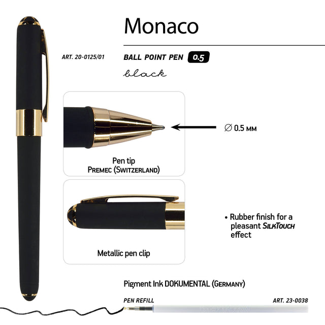 Monaco Black Ballpoint Pen (Single Pen) – Soft Touch 0.5mm Black Ink, BV by Bruno Visconti