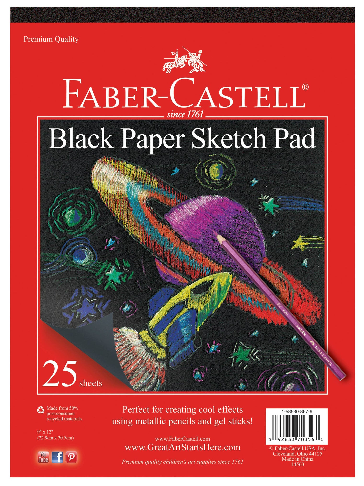 Black Paper Sketch Pad – 25 Sheets 9 x 12 in Heavy-Weight Drawing Paper, Faber-Castell