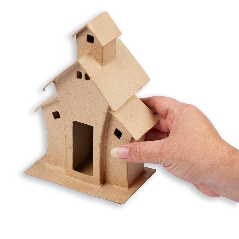 Premade Whimsical Paper Mache House, 4-1/4" x 7-1/2" x 3" Decorative Craft House for Painting & Seasonal Display