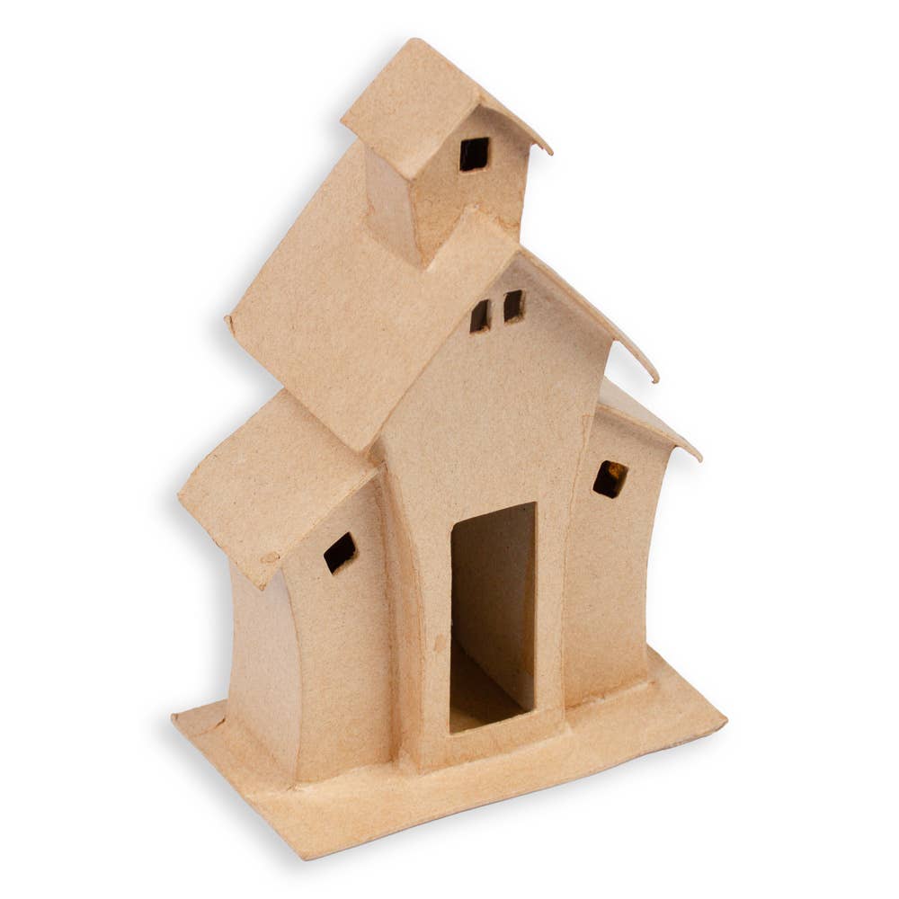 Premade Whimsical Paper Mache House, 4-1/4" x 7-1/2" x 3" Decorative Craft House for Painting & Seasonal Display