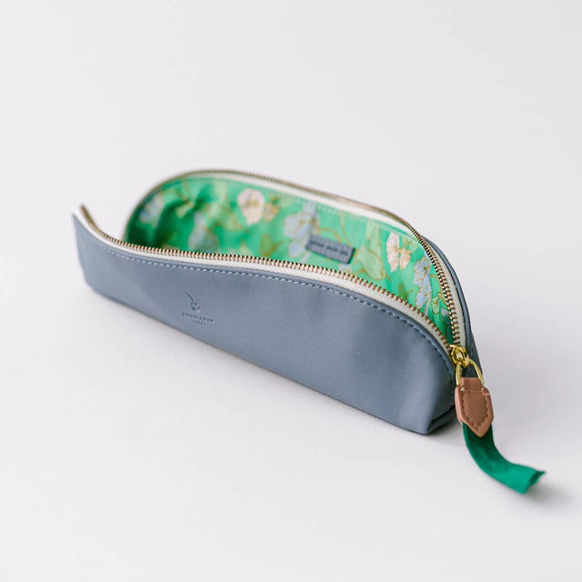Luxe Slim Pencil Pouch, Periwinkle – Vegan Leather Floral Zipper Case, by Good Juju Ink