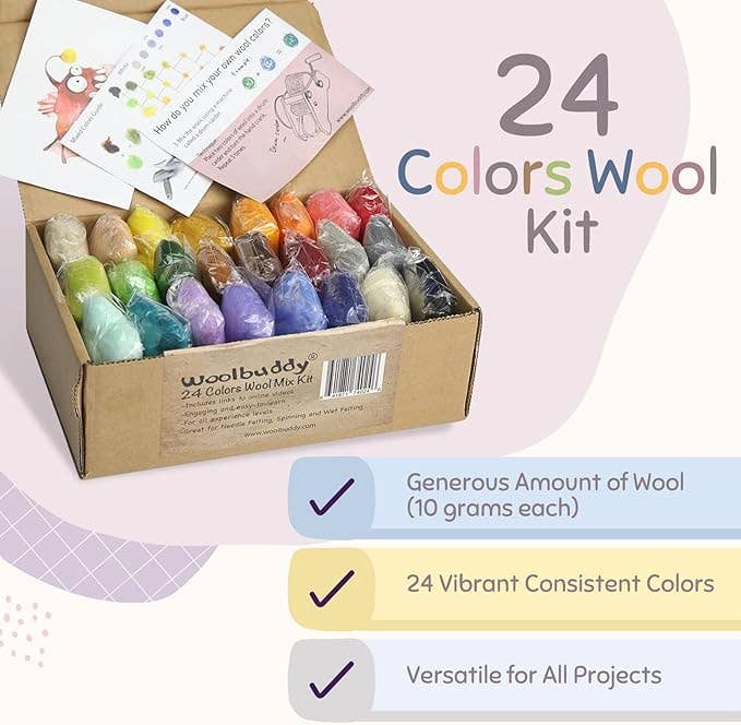 DIY 24 Color Wool Mix Kit – Merino Wool Craft Set for Felting and Fiber Art by Woolbuddy