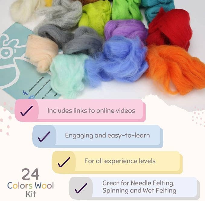 DIY 24 Color Wool Mix Kit – Merino Wool Craft Set for Felting and Fiber Art by Woolbuddy