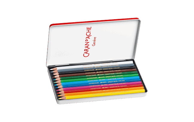 Caran d’Ache Set of 12 SWISSCOLOR Water-Soluble Pencils – Colored Pencil Set in Metal Box