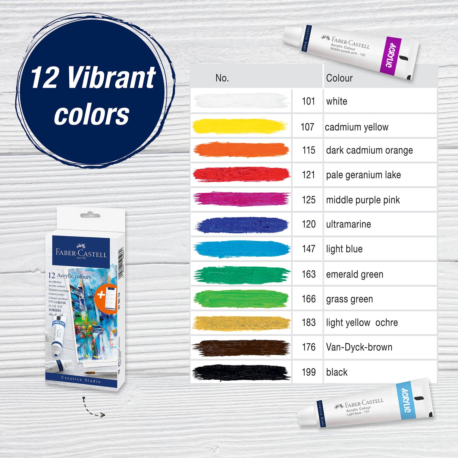 Vibrant Acrylic Paints – Set of 12 Tubes with Mixing Palette, by Faber-Castell