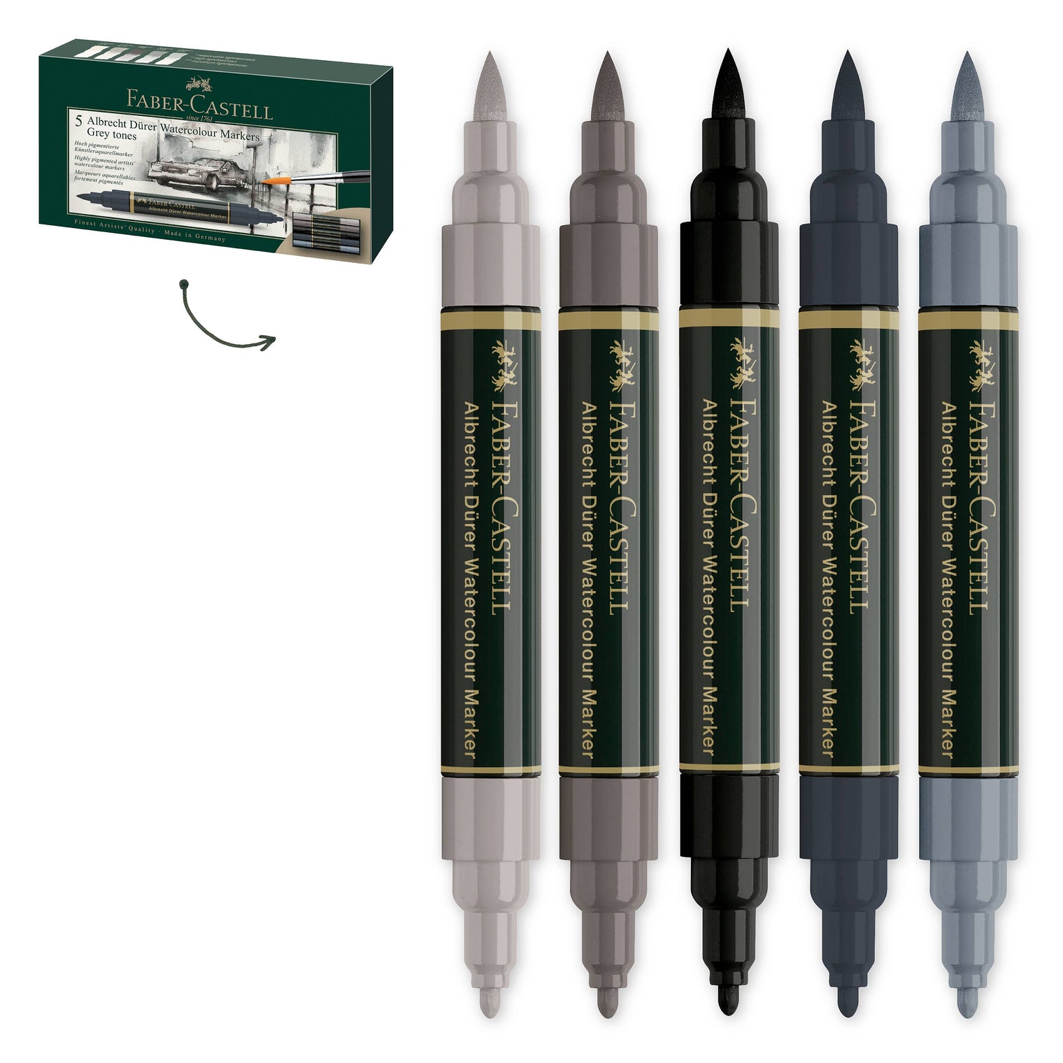 Albrecht Dürer Watercolor Markers, Grey Tones – Set of 5 Dual Tip Water-Soluble Markers, Faber-Castell