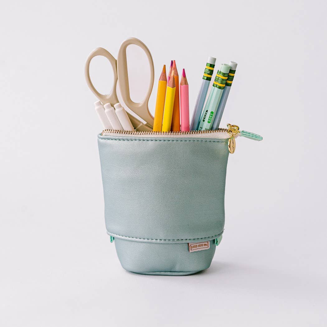 Luxe Standing Pencil Pouch, Metallic Blue Sky – Vegan Leather Free-Standing Case, by Good Juju Ink