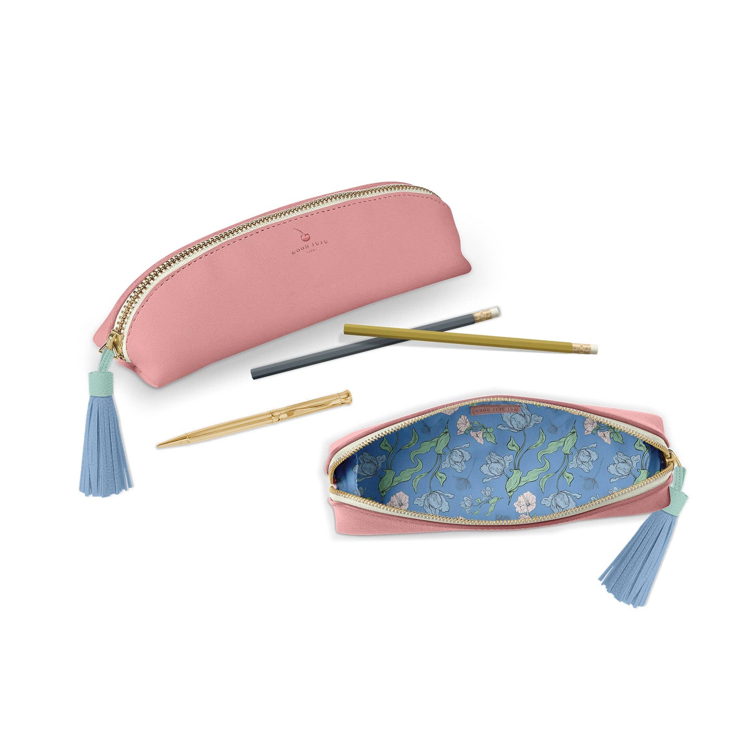 Luxe Slim Pencil Pouch, Rose Pink – Vegan Leather Floral Zipper Case, by Good Juju Ink