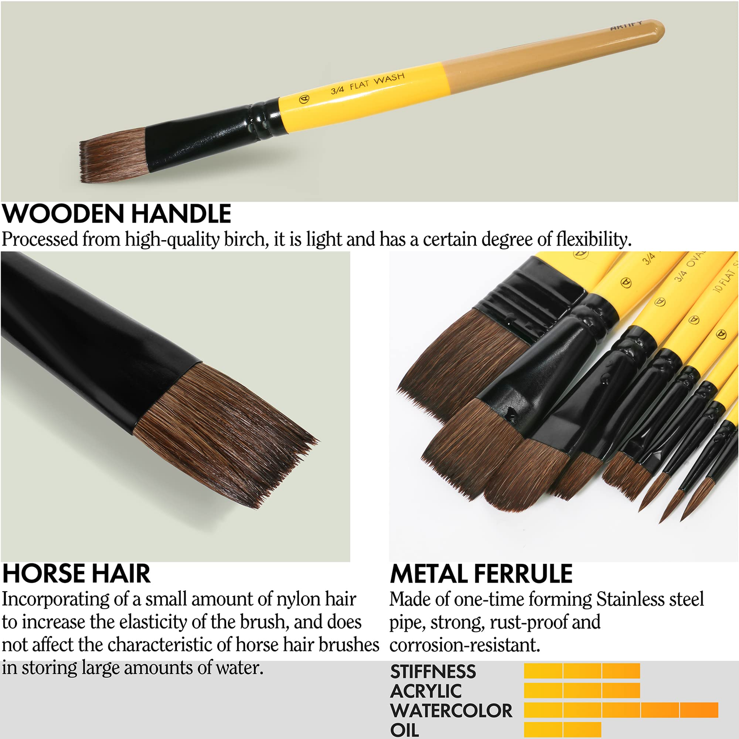 ARTIFY 10-Piece Horse Hair Paint Brush Set – Mixed Media Brushes with Birch Wood Handles