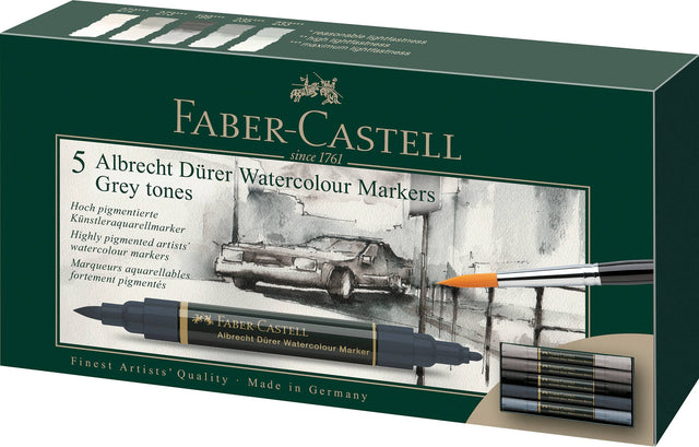 Albrecht Dürer Watercolor Markers, Grey Tones – Set of 5 Dual Tip Water-Soluble Markers, Faber-Castell
