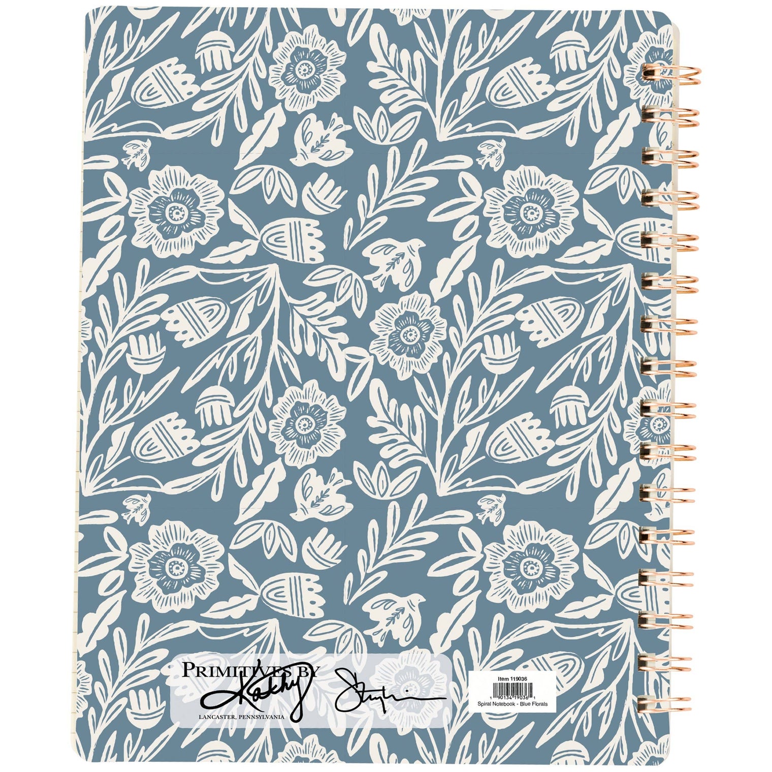 Blue Folk Florals Spiral Notebook – 120 Page Lined Journal, Primitives by Kathy