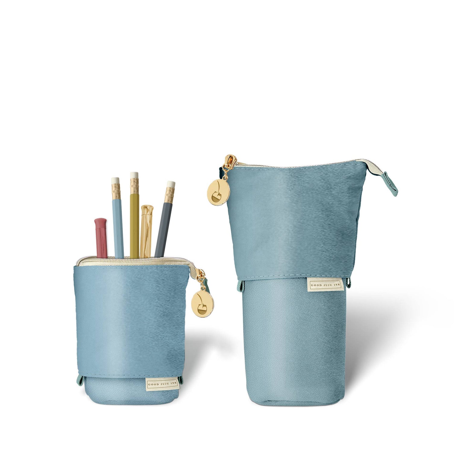 Luxe Standing Pencil Pouch, Metallic Blue Sky – Vegan Leather Free-Standing Case, by Good Juju Ink