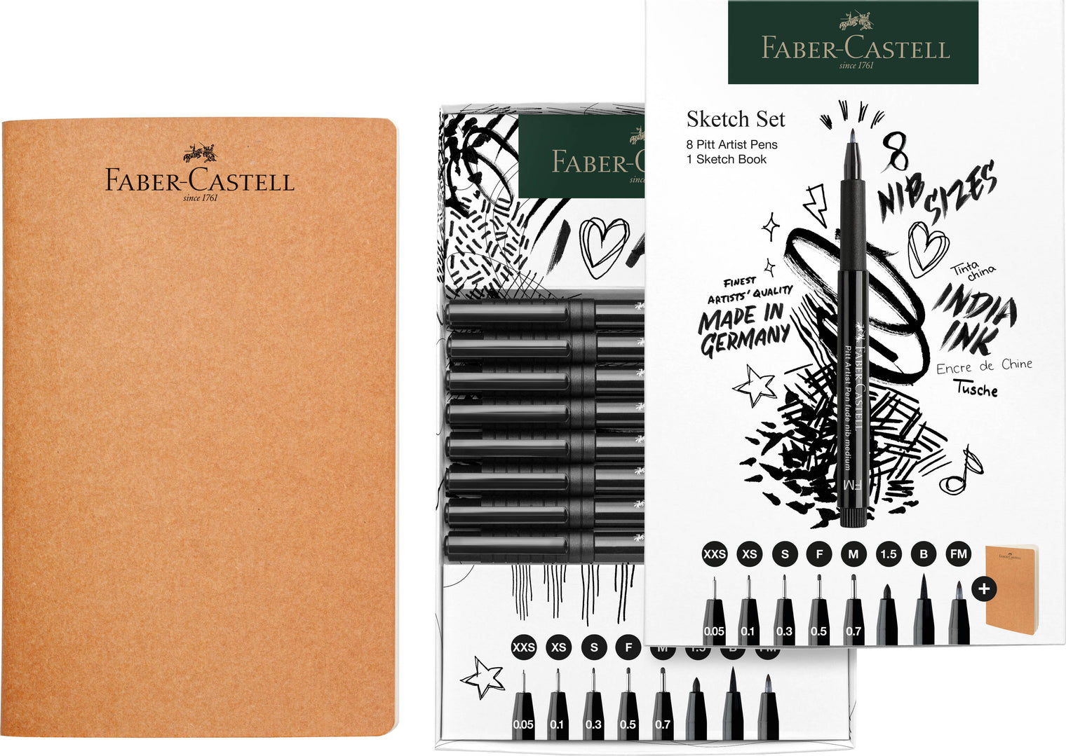 Pitt Artist Pen & Sketchbook Gift Set – 8 Pens + 40-Page Sketchbook, by Faber-Castell