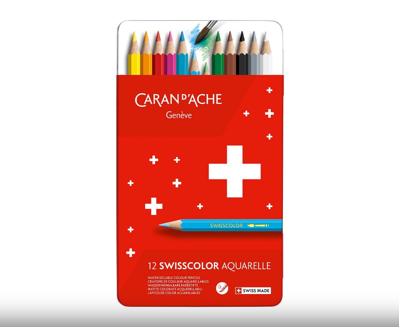 Caran d’Ache Set of 12 SWISSCOLOR Water-Soluble Pencils – Colored Pencil Set in Metal Box