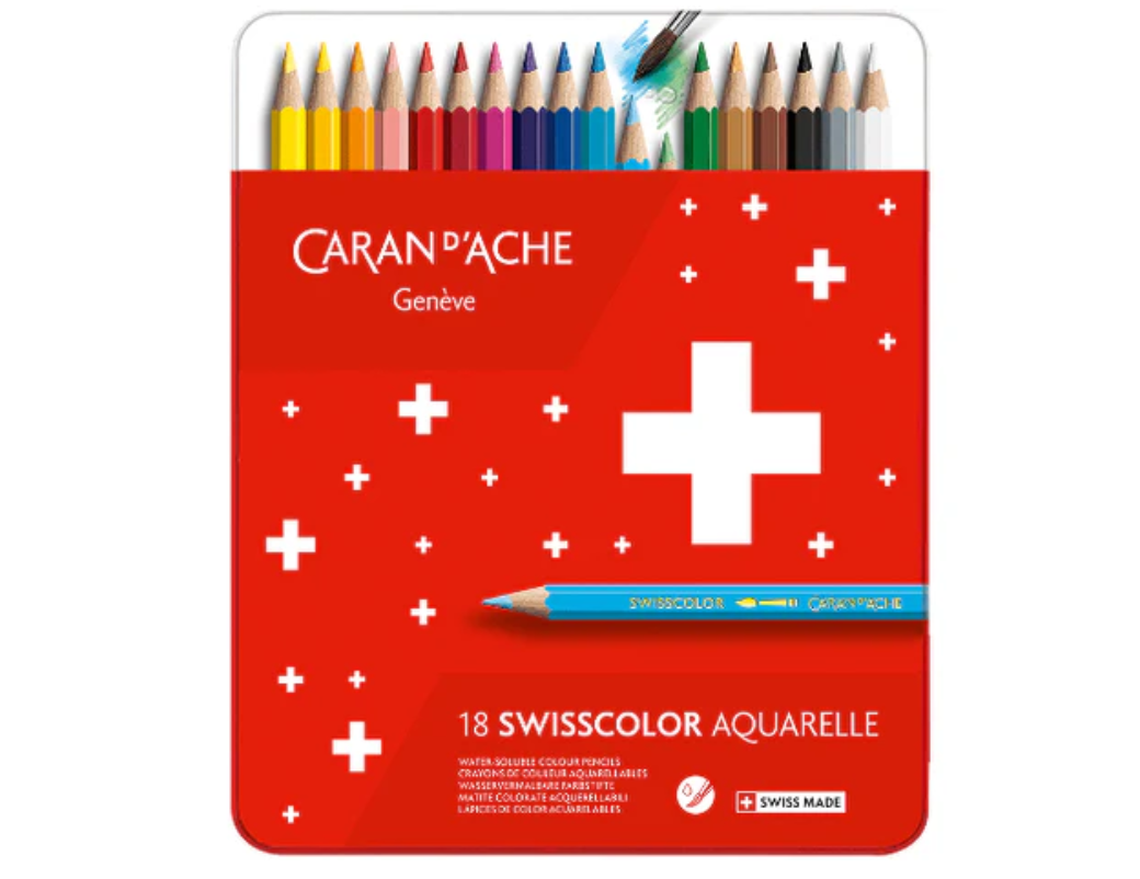 Caran d’Ache Set of 18 SWISSCOLOR Water-Soluble Colored Pencils – Assorted Colors
