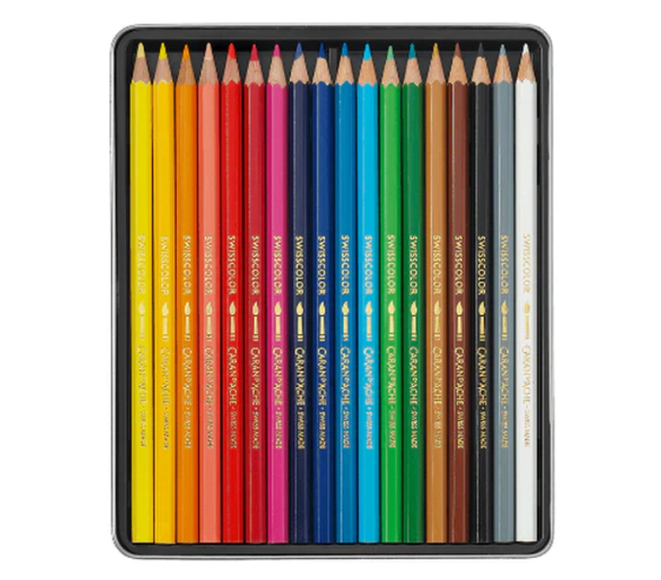 Caran d’Ache Set of 18 SWISSCOLOR Water-Soluble Colored Pencils – Assorted Colors