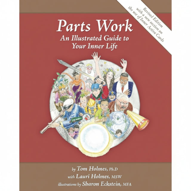 Book cover of 'Parts Work: An Illustrated Guide to Your Inner Life' with colorful illustration on a red background
