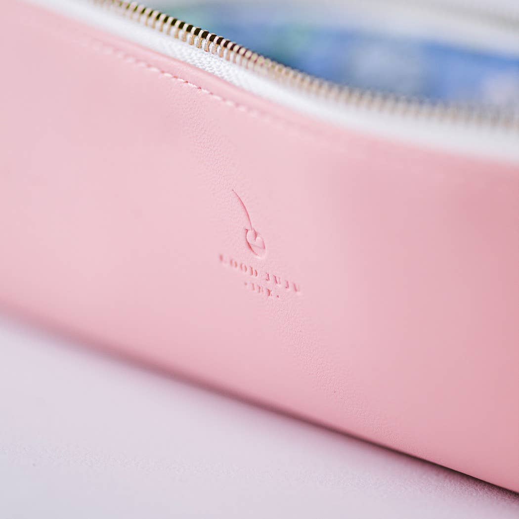 Luxe Slim Pencil Pouch, Rose Pink – Vegan Leather Floral Zipper Case, by Good Juju Ink
