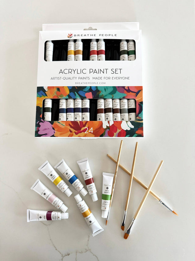Acrylic Paint Set + Brushes – 24 Color 12ml Paint Kit with 4 Brushes