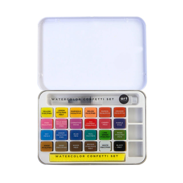 Art Philosophy Watercolor Confetti Set – 24 Color Watercolor Paint Tin with Brush