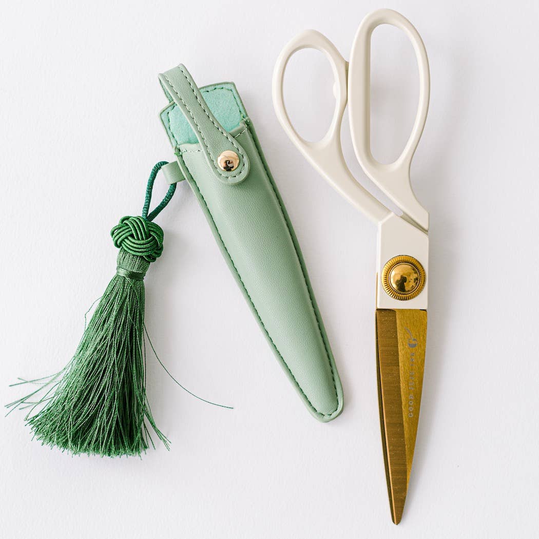 Ivory & Gold Heirloom Scissors with Case – Sage Green Vegan Leather Set, by Good Juju Ink