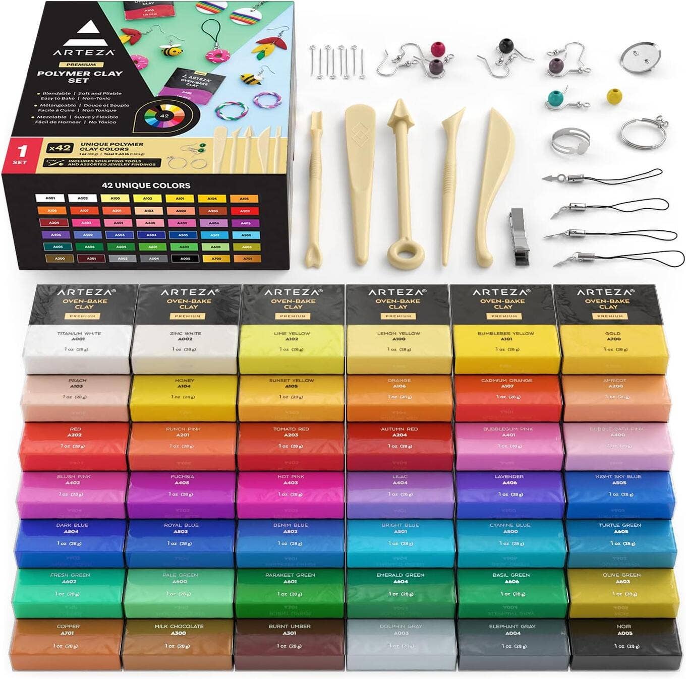 Arteza Oven Bake Clay Set 42 Colors (1oz each) with Tools and Accessories – Polymer Clay Craft Kit