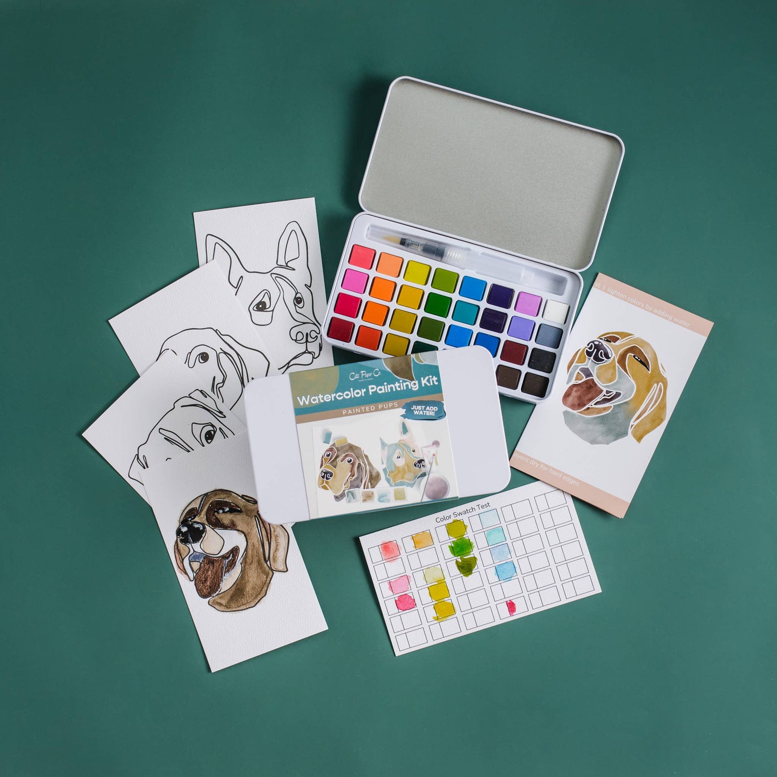 Painted Pups Watercolor Painting Kit – Portable Art Set with Water Brush & Tin Case