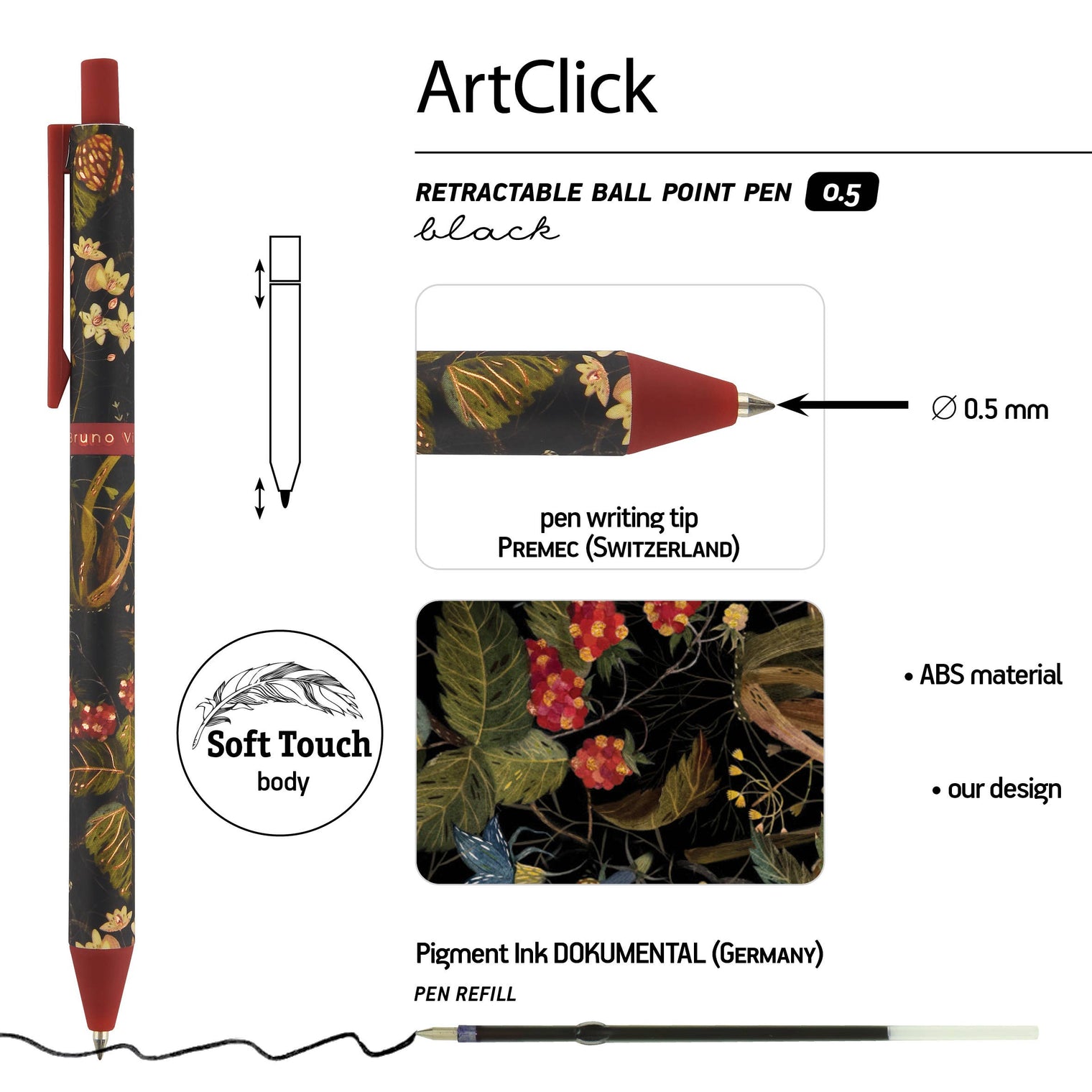 ArtClick Pen, Lush – (Single Pen) Soft Touch Click Ballpoint Pen .5mm Black Ink, BV by Bruno Visconti
