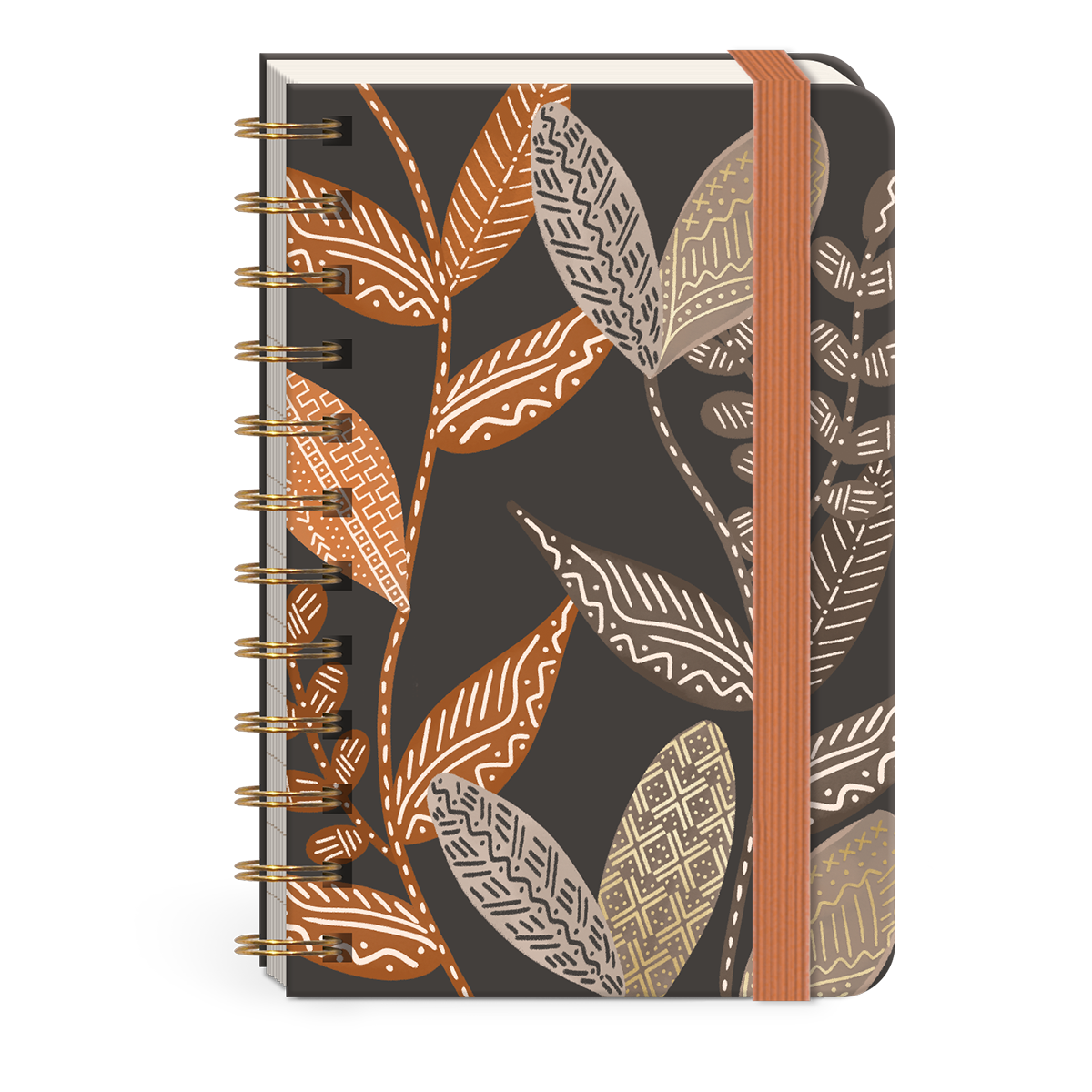 Spiral Pocket Notebook Leaves by Punch Studio, Mini Notebook with Foil Accents & Bungee Closure