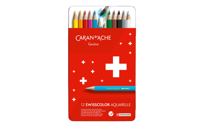 Caran d’Ache Set of 12 SWISSCOLOR Water-Soluble Pencils – Colored Pencil Set in Metal Box