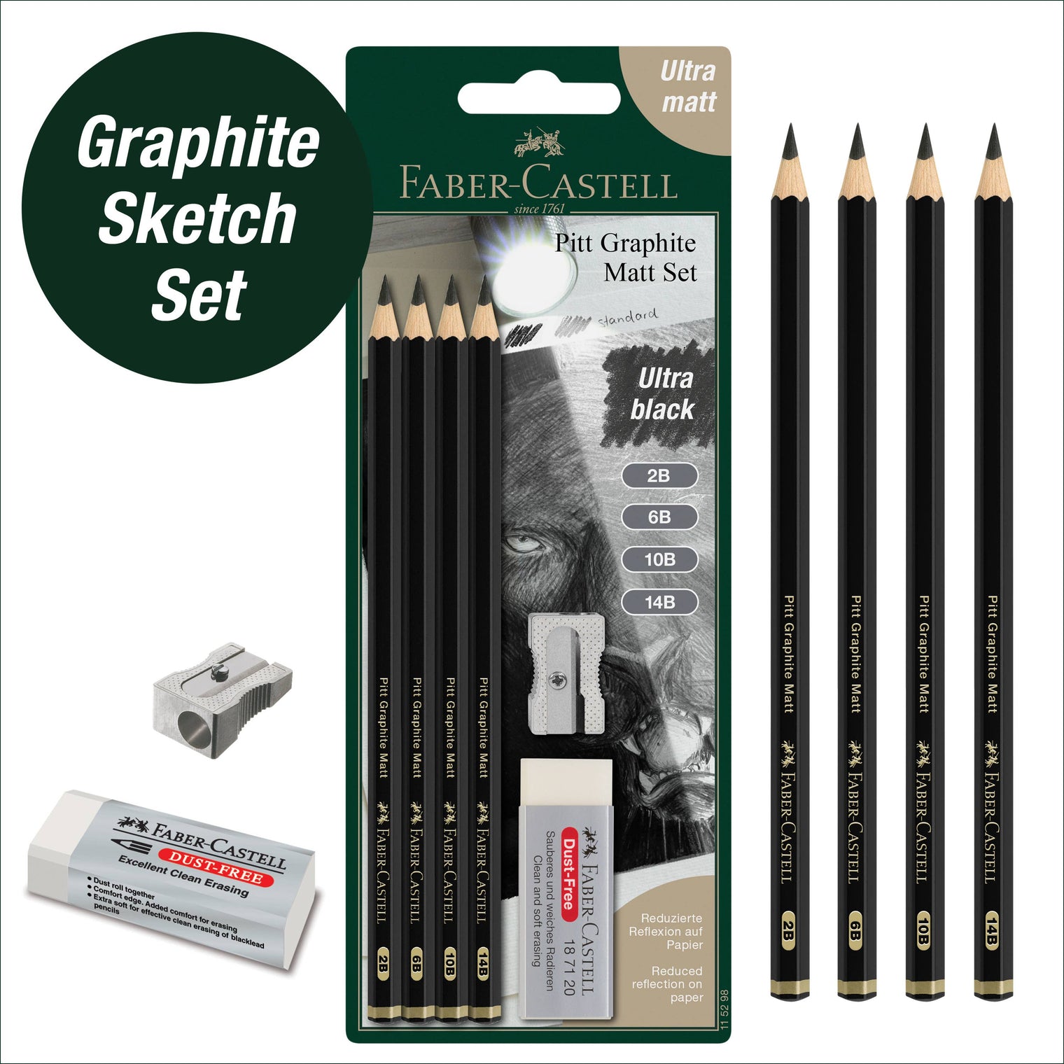 Faber-Castell Pitt Graphite Matte Pencil Sketching Set – 2B, 6B, 10B, 14B