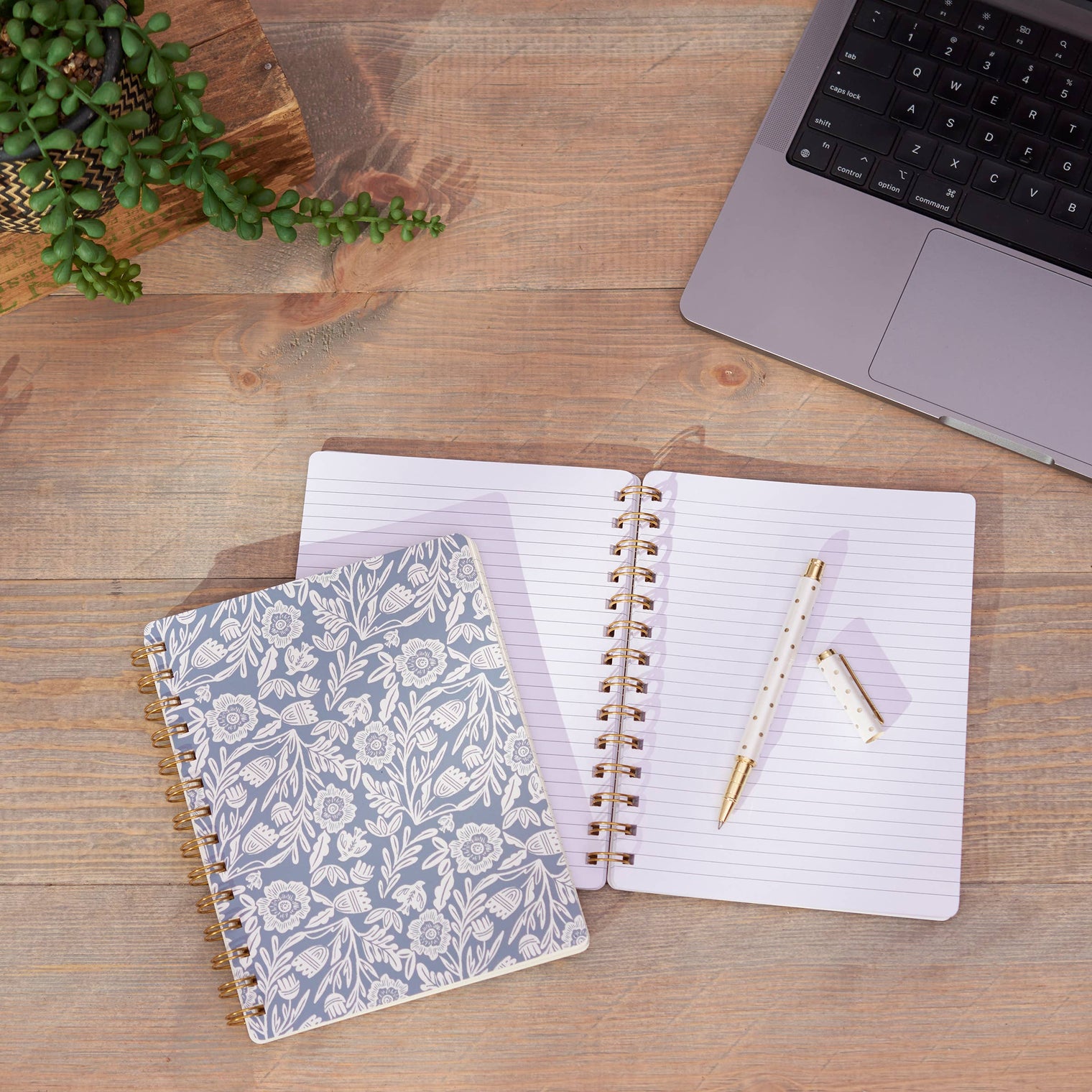 Blue Folk Florals Spiral Notebook – 120 Page Lined Journal, Primitives by Kathy