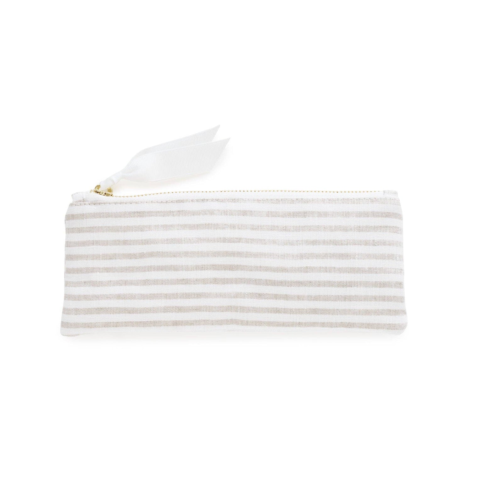Flax Stripe Pencil Pouch – Fabric Zipper Case with Gold Zipper & Ribbon Pull