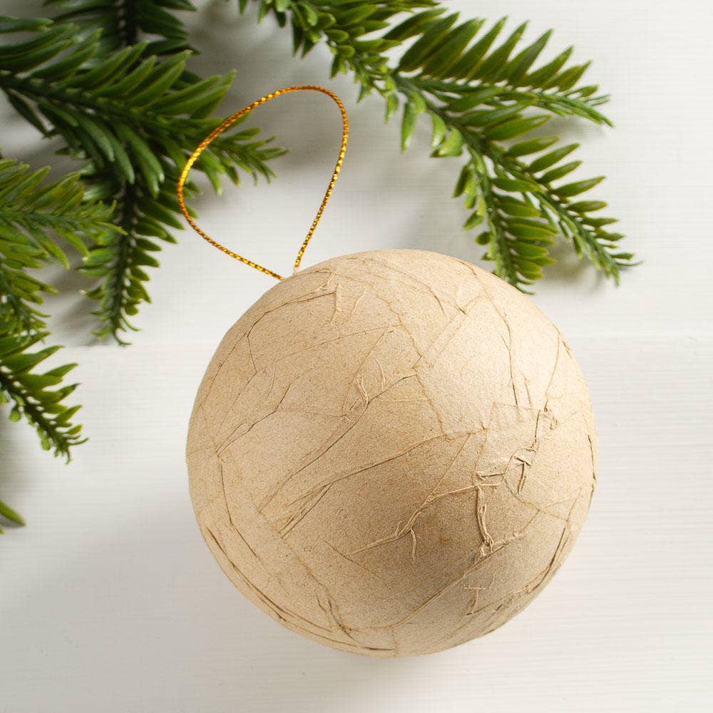 Textured Paper Mache Ball Ornament, 80mm (3.15 Inch) Craft Ornament with Gold Hanging String (Single)