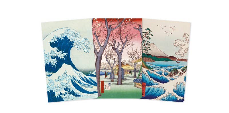Japanese Woodblocks Set of 3 Mini Notebooks, Foiled Pocket Notebooks Featuring Ukiyo-e Artwork
