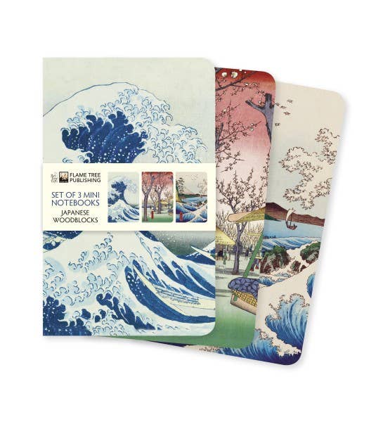 Japanese Woodblocks Set of 3 Mini Notebooks, Foiled Pocket Notebooks Featuring Ukiyo-e Artwork