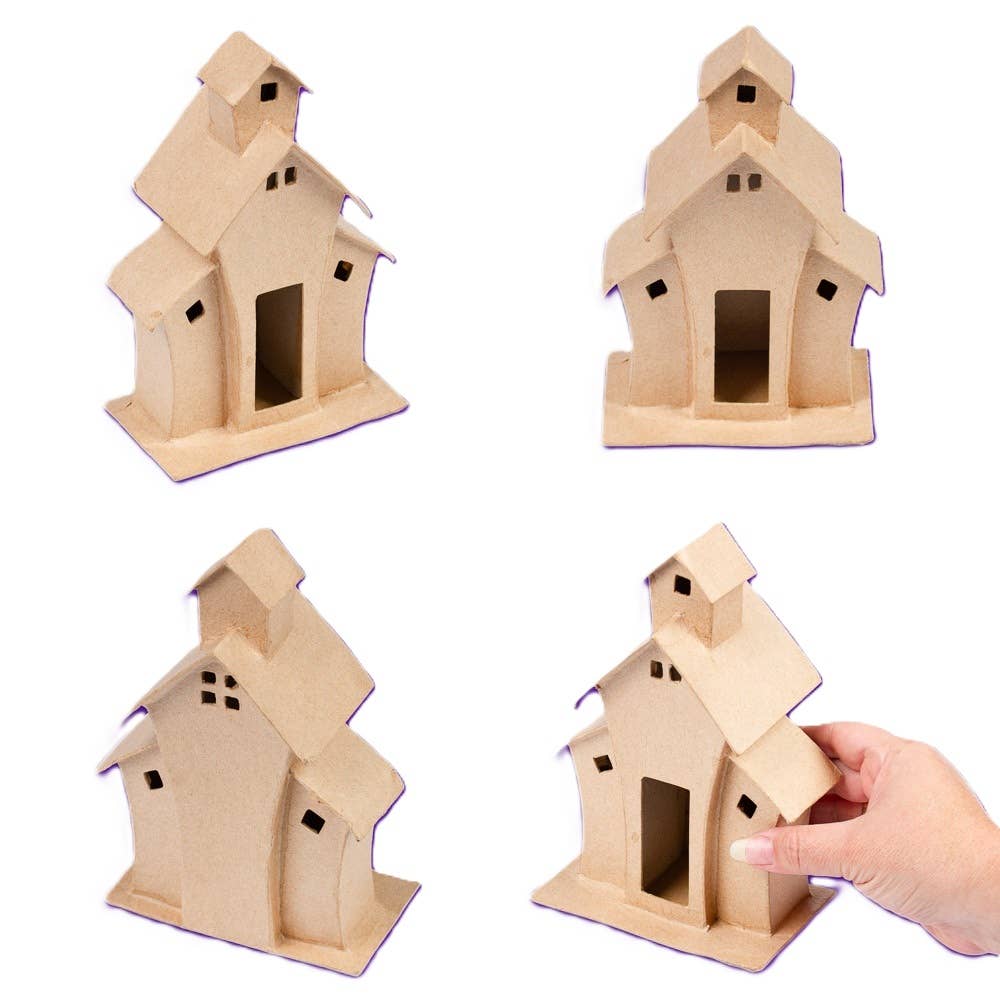 Premade Whimsical Paper Mache House, 4-1/4" x 7-1/2" x 3" Decorative Craft House for Painting & Seasonal Display