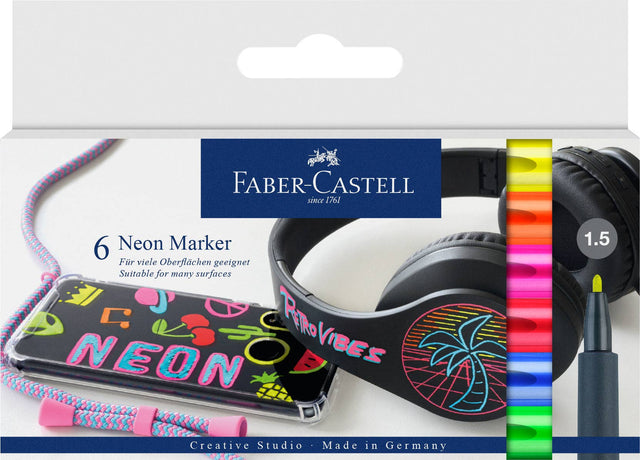 Multi-Surface Creative Markers Neon Set – 6 Color Bullet Tip Pens, Faber-Castell