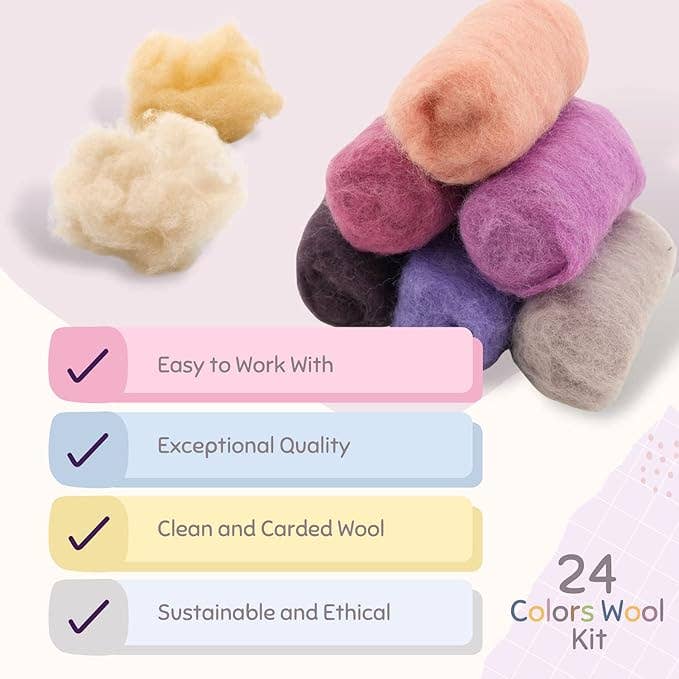 DIY 24 Color Wool Mix Kit – Merino Wool Craft Set for Felting and Fiber Art by Woolbuddy