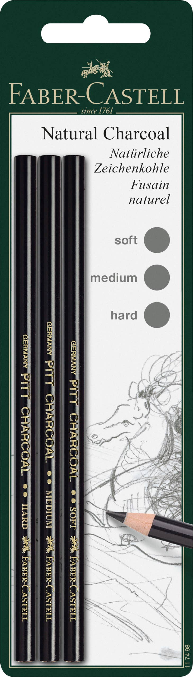 Natural Charcoal Pencil Set – Soft, Medium & Hard (3 Count), by Faber-Castell