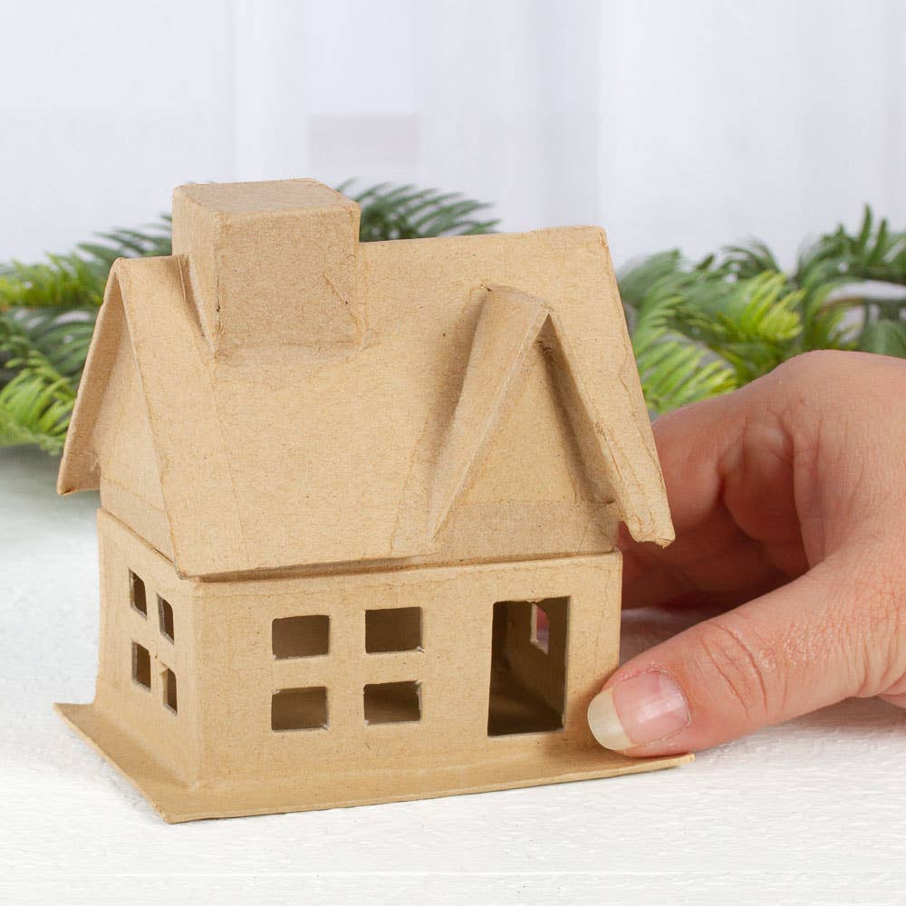Premade Paper Mache House Box,  4" x 2-3/4" x 4-1/4" Craft House for Painting, Decorating & Seasonal Displays