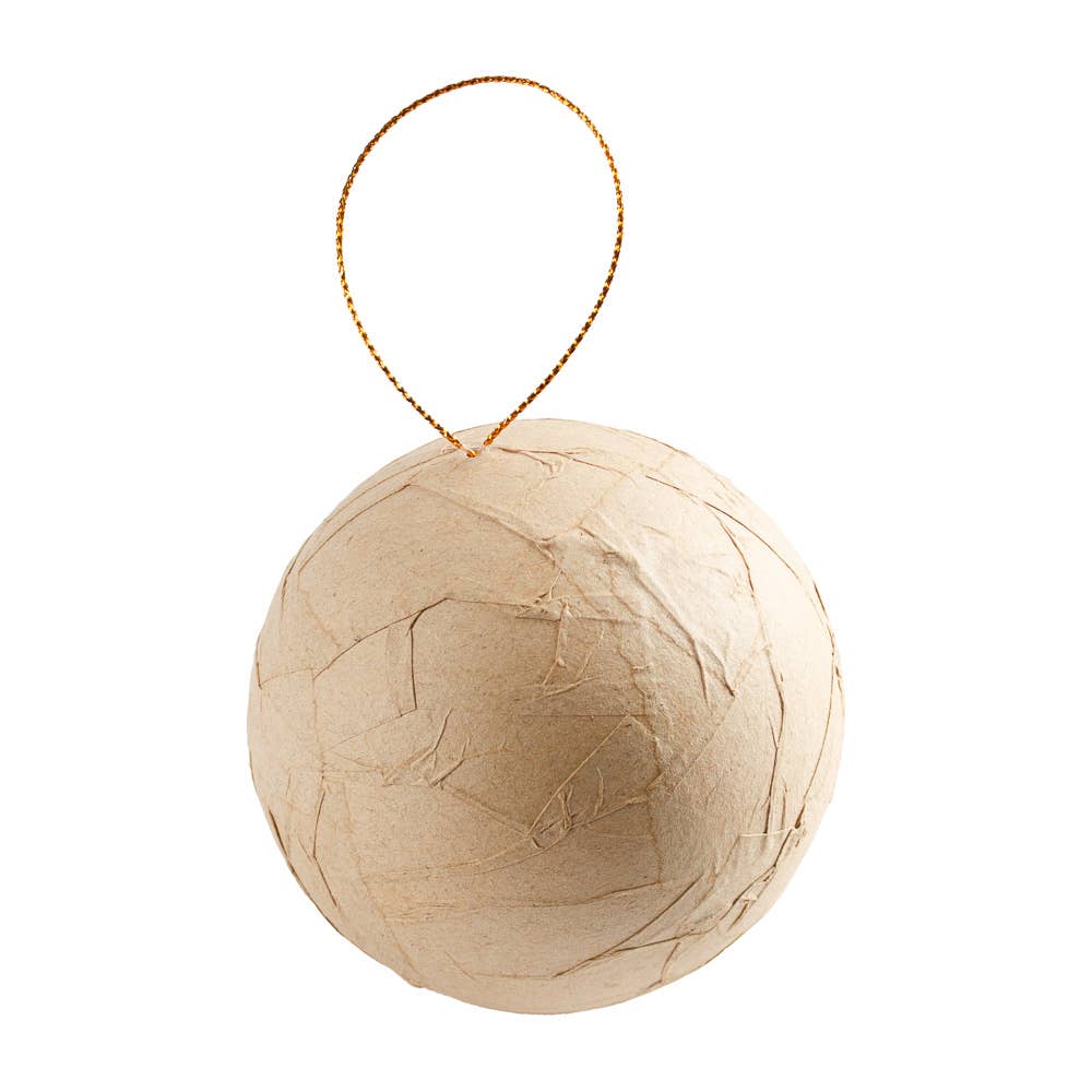 Textured Paper Mache Ball Ornament, 80mm (3.15 Inch) Craft Ornament with Gold Hanging String (Single)