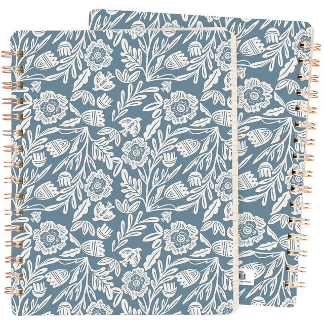 Blue Folk Florals Spiral Notebook – 120 Page Lined Journal, Primitives by Kathy