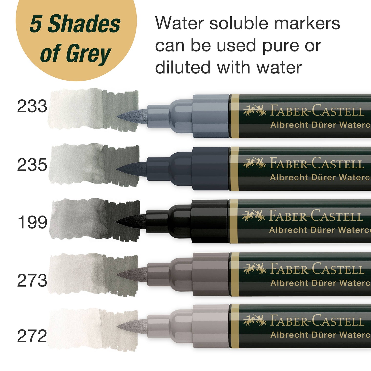 Albrecht Dürer Watercolor Markers, Grey Tones – Set of 5 Dual Tip Water-Soluble Markers, Faber-Castell